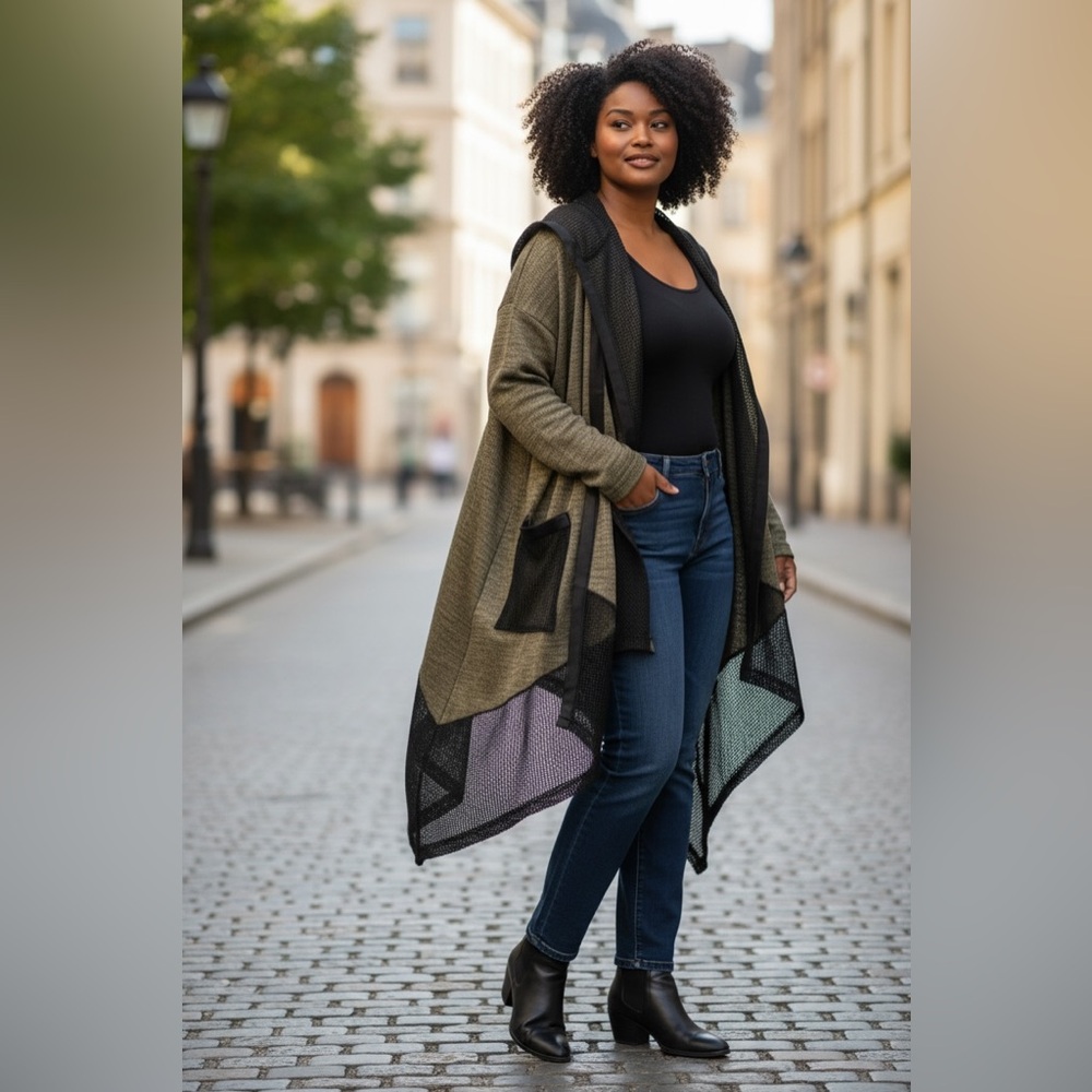 (17)Naya Black and Olive Open-Front with mesh Cardigan